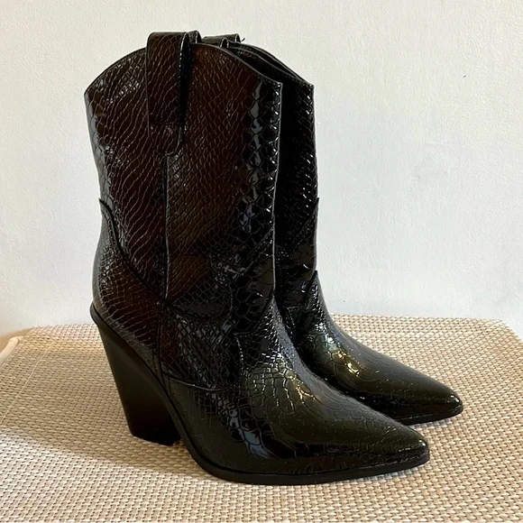 Snakeskin Patent Leather Cowgirl Western Biker Calf Height Cowboy Boots - 7.5/38 - Picture 12 of 12